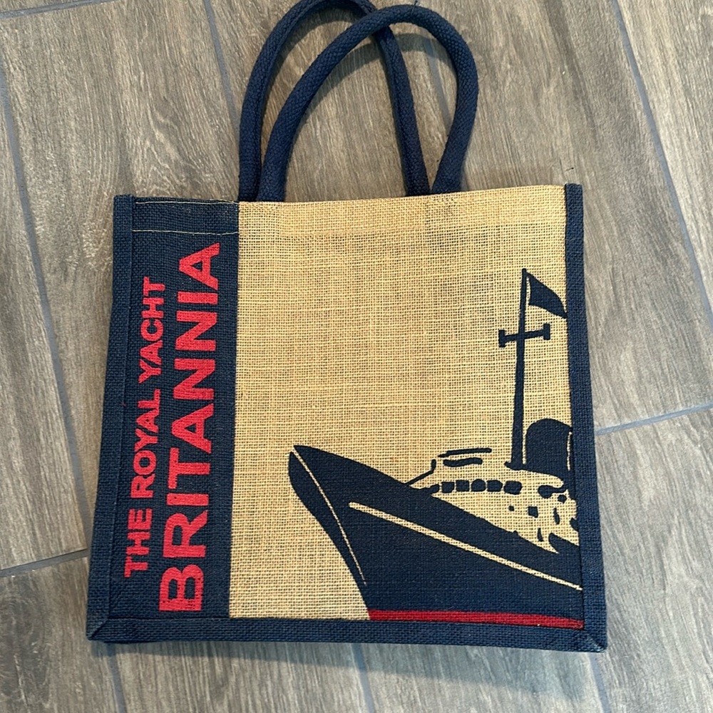 Brittania Royal Yacht canvas bag. Blue red and tan burlap. 13x12 without handles